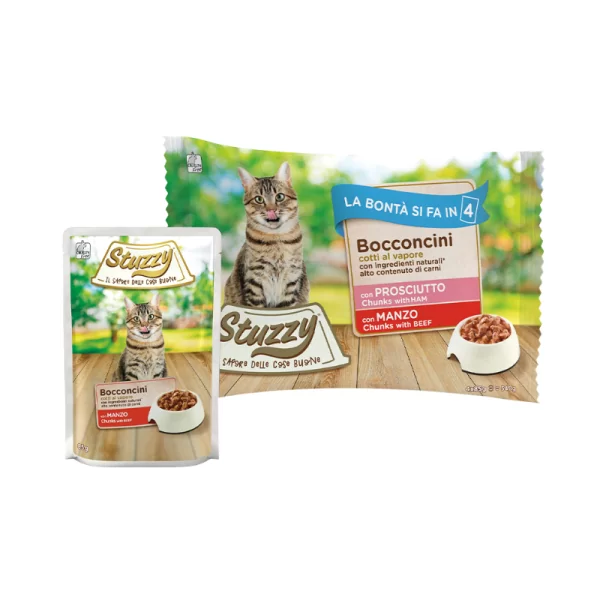 Stuzzy Gatto Adult Bocconcini Prosciutto + Manzo 4x85 g – Multipack
