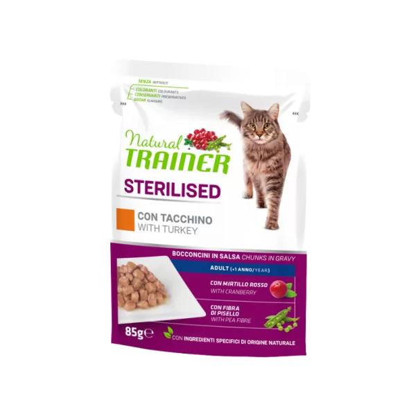 Natural Trainer Gatto Sterilised Bocconcini con Tacchino in Salsa 85 g